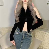 Polyester Slim Women Long Sleeve T-shirt patchwork Solid black PC