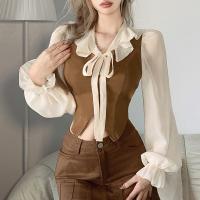 Polyester Slim Women Long Sleeve Blouses contrast color patchwork brown PC