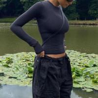 Modal Slim Women Long Sleeve T-shirt patchwork Solid dark gray PC