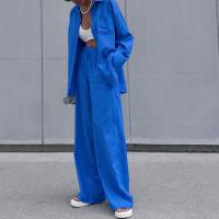 Coton Ensemble occasionnel de femmes Pantalon long & chemise à manches longues Patchwork Solide Bleu Ensemble