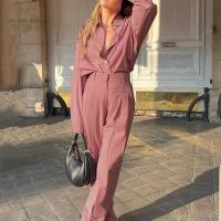 Polyester Women Casual Set & two piece Long Trousers & long sleeve shirt patchwork Solid pink Set