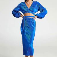 Polyester Slim Two-Piece Dress Set patchwork Solid blue Set