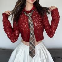 Polyester Women Cardigan with tie & hollow knitted Solid red PC