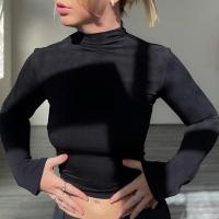 Polyester Women Long Sleeve T-shirt backless patchwork Solid black PC