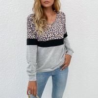 Polyester Women Long Sleeve T-shirt slimming printed leopard light gray PC