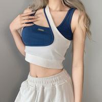 Polyester Women Sleeveless T-shirt & fake two piece knitted blue PC