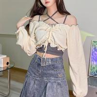 Polyester Drawstring Design Boat Neck Top patchwork Solid Apricot PC