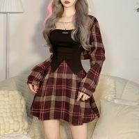 Polyester Two-Piece Dress Set slimming printed plaid red Set