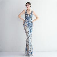 Sequin & Polyester Slim Long Evening Dress deep V embroidered floral PC