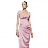 Polyester Slim Long Evening Dress backless Solid pink PC