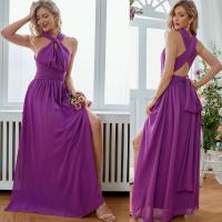 Chiffon Waist-controlled One-piece Dress side slit & off shoulder Solid purple PC