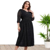 Polyester Plus Size & High Waist Autumn and Winter Dress Solid black PC