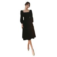 Polyester High Waist One-piece Dress plain dyed Solid black PC
