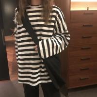 Polyester Women Long Sleeve T-shirt & loose plain dyed striped black PC