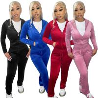 Polyester With Siamese Cap Women Casual Set & two piece Long Trousers & coat Solid Set
