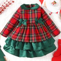 Polyester scallop & Princess Girl One-piece Dress with bowknot plaid red PC
