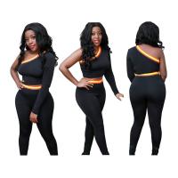 Polyester Women Casual Set & two piece & One Shoulder Long Trousers & top patchwork Solid black Set