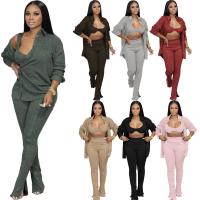 Polyester Women Casual Set side slit & three piece & with pocket Long Trousers & tank top & coat Solid Set