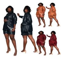 PU Leather Women Casual Set & two piece short pants & coat Solid Set
