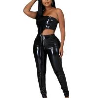 PU Leather Women Casual Set & two piece Long Trousers & tank top Solid Set