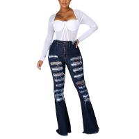 Polyester Ripped & bell-bottom & High Waist Women Jeans Solid PC