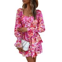 Polyester scallop & A-line & High Waist One-piece Dress mid-long style printed floral PC