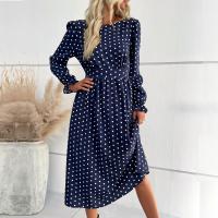 Polyester One-piece Dress mid-long style & with pocket printed dot Navy Blue PC