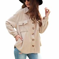 Polyester Women Coat & thick fleece & loose & with pocket patchwork Solid khaki PC