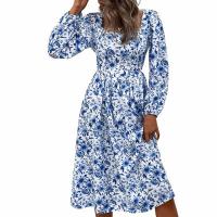 Polyester One-piece Dress mid-long style printed shivering blue PC