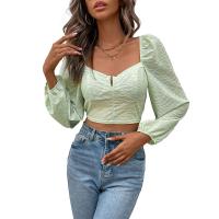 Polyester Slim Women Long Sleeve Shirt patchwork Solid green PC