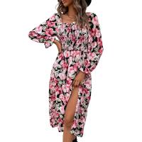 Polyester High Waist One-piece Dress mid-long style & side slit printed floral black PC
