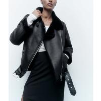 PU Leather Waist-controlled Women Coat & loose Solid black PC