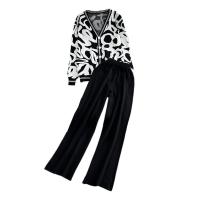 Polyester High Waist Women Casual Set deep V & two piece & loose Long Trousers & coat knitted : Set