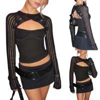 Acrylic Women Sweater backless knitted Solid black PC