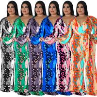 Polyester Plus Size Long Jumpsuit deep V printed PC