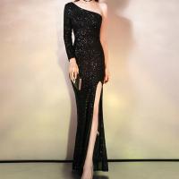 Polyester Slim & Mermaid Long Evening Dress side slit & One Shoulder Sequin black PC