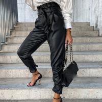 PU Leather High Waist Women Long Trousers Solid black PC
