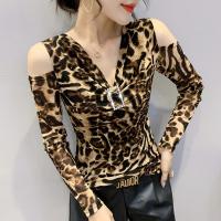 Polyester Slim & Plus Size Women Long Sleeve T-shirt deep V & off shoulder printed leopard PC