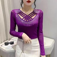 Polyester Slim Women Long Sleeve T-shirt & hollow & with rhinestone PC
