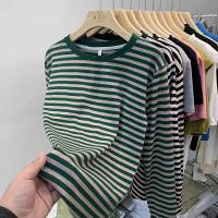 Polyester Women Long Sleeve T-shirt & loose plain dyed striped PC