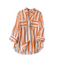 Mixed Fabric Women Long Sleeve Shirt mid-long style & loose printed striped : PC