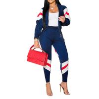 Polyester Women Casual Set & two piece Long Trousers & coat blue Set