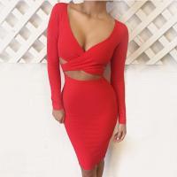 Polyester Slim Sexy Package Hip Dresses deep V & hollow Solid PC