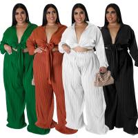 Polyester Plus Size Women Casual Set & two piece & loose Long Trousers & top patchwork Solid Set