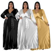 Polyester Plus Size & Pleated One-piece Dress deep V Solid PC