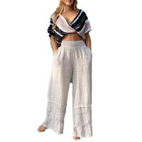 Polyester Women Casual Set deep V & two piece & loose Long Trousers & top Solid white Set