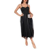 Polyester Slim One-piece Dress mid-long style patchwork Solid black PC