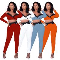 Polyester Crop Top Women Casual Set deep V & two piece & off shoulder Long Trousers & top patchwork Solid Set