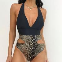 Polyester One-piece Swimsuit backless & hollow patchwork black PC