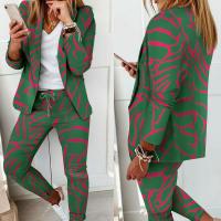 Polyester Women Casual Set & two piece Long Trousers & coat printed green Set